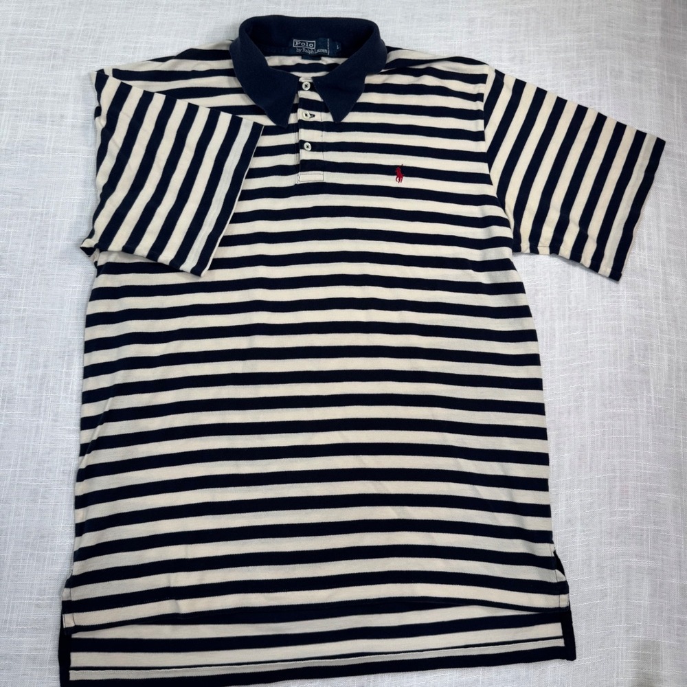 Polo Ralph Lauren Polo Shirt Men L Navy Stripe Short Sleeve Pique Preppy Classic - Picture 7 of 12